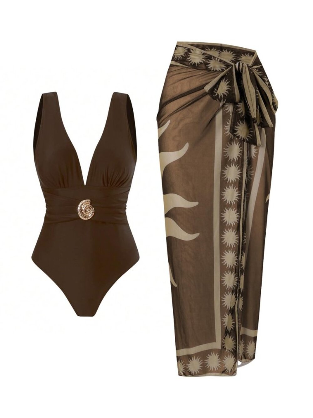 One Piece Swimsuit with Cover up Wrap Skirt Sarong Floral Print Plunge V Neck